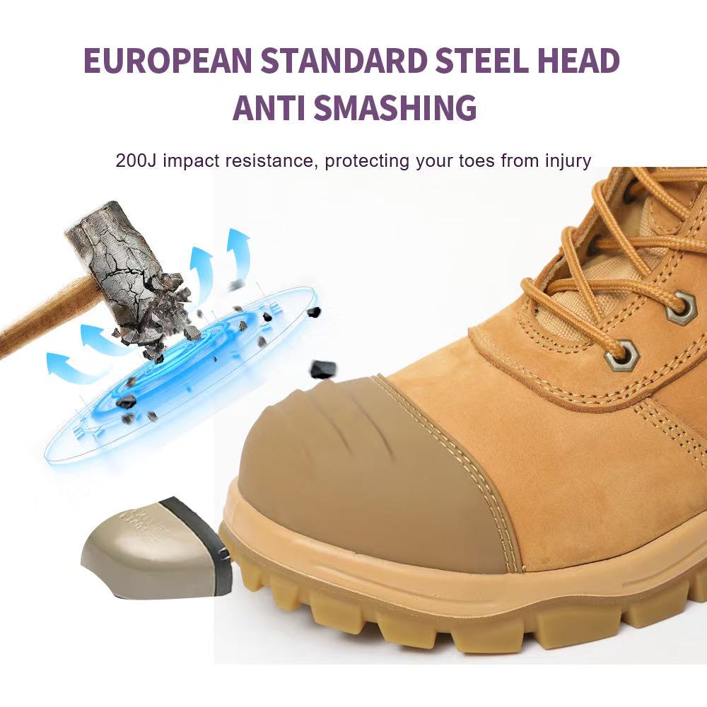 Steel toe cap detail of JS-L1109 high cut safety boots, 200J impact resistant