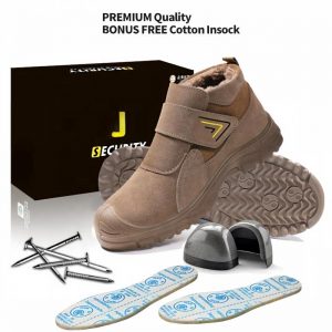 Upward 45° view of JS-Y2004 khaki nubuck winter safety boots with velcro closure