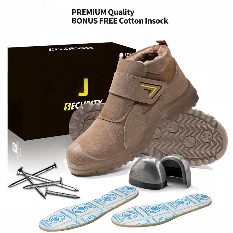 Upward 45° view of JS-Y2004 khaki nubuck winter safety boots with velcro closure