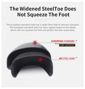 Widened steel toe cap detail of JS-Y2003 anti-smash safety work shoes, 200J impact resistant