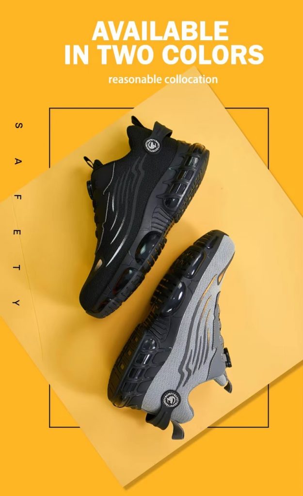JS-Y2007 rotary buckle low cut safety shoes, non-woven fly knit upper, air cushion rubber outsole, black and grey two color options, steel toe anti-smash anti-puncture