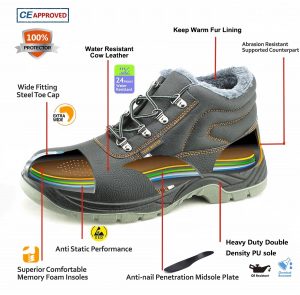 JS-Z3002 warm winter ESD high cut safety boots cutaway diagram, water resistant cow leather, fur warm lining, wide steel toe, steel anti-nail plate, anti-static dual density PU oil resistant sole