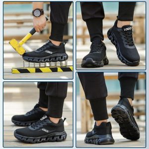 Industrial Worker Wearing JS-Y2012 Black Lace-Up Safety Shoes Steel Toe Anti-Puncture Construction Site