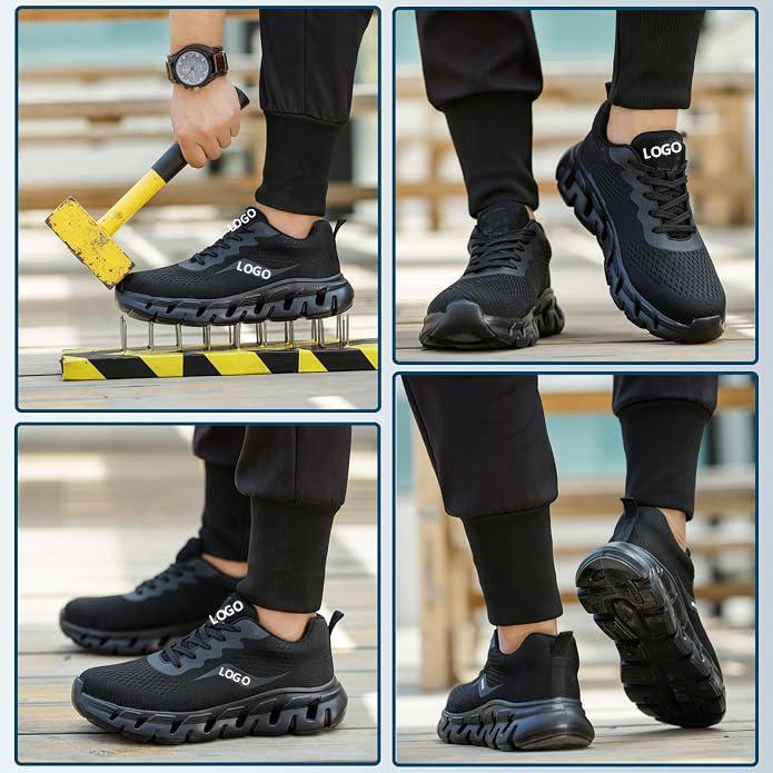 Industrial Worker Wearing JS-Y2012 Black Lace-Up Safety Shoes Steel Toe Anti-Puncture Construction Site