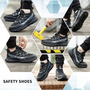 Worker wearing JS-Y2010 rotary buckle anti-puncture safety shoes with steel toe, HI-POLY insole and anti-slip dual layer EVA rubber outsole