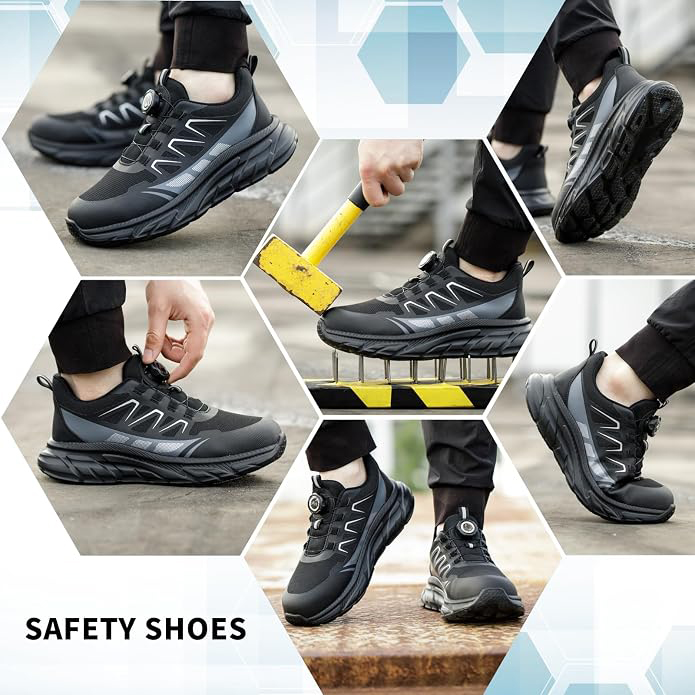 Worker wearing JS-Y2010 rotary buckle anti-puncture safety shoes with steel toe, HI-POLY insole and anti-slip dual layer EVA rubber outsole