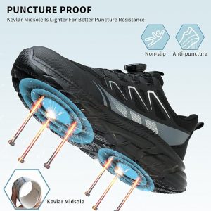 JS-Y2010 rotary buckle black safety shoes with steel toe, Kevlar midsole, high elastic HI-POLY insole and lightweight EVA outsole