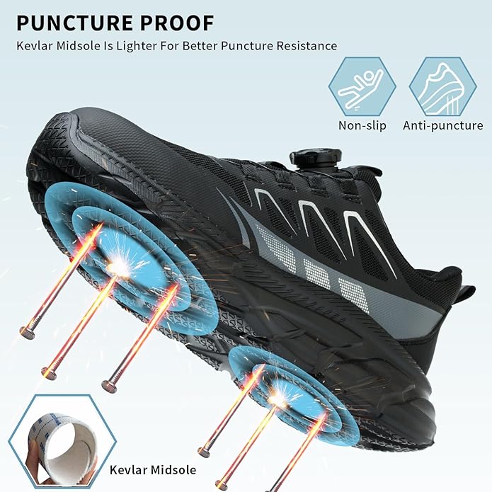 JS-Y2010 rotary buckle black safety shoes with steel toe, Kevlar midsole, high elastic HI-POLY insole and lightweight EVA outsole