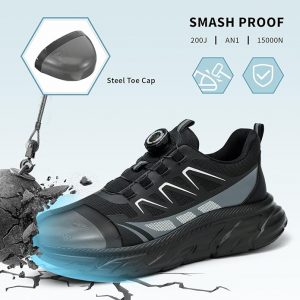 JS-Y2010 rotary buckle black safety shoes with steel toe, Kevlar midsole, high elastic HI-POLY insole and lightweight EVA outsole